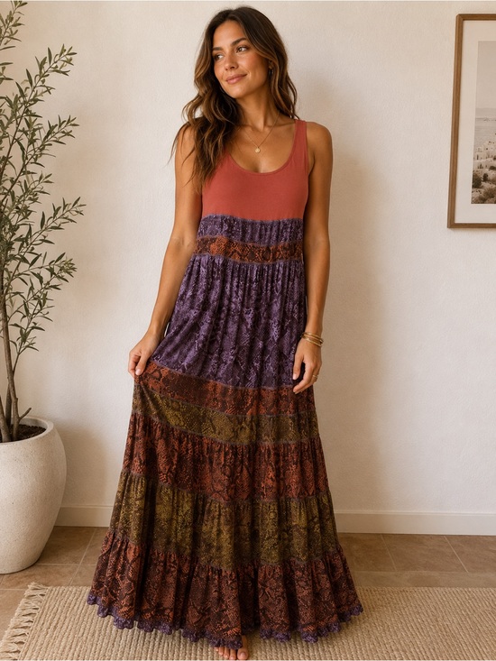Anthropologie Dresses & Skirts - Anthropologie Rust Tank Bodice Maxi Dress with Purple Patterned Skirt
